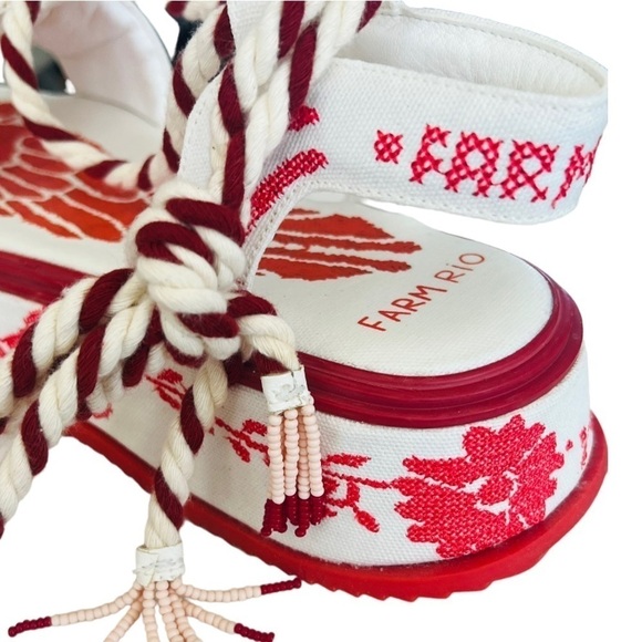 FARM RIO Red Embroidery Cross Stitch Flatform Ankle Lace Up Sandals NEW $285 - Picture 13 of 16